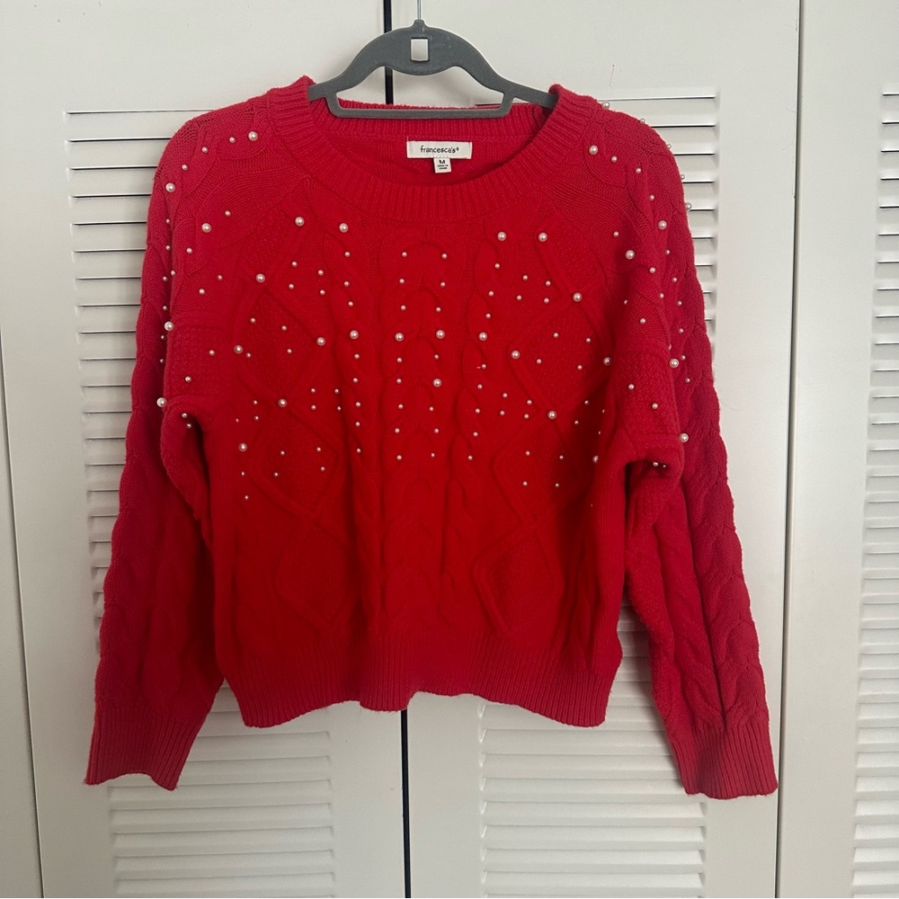 Red Sweater with Pearl Details